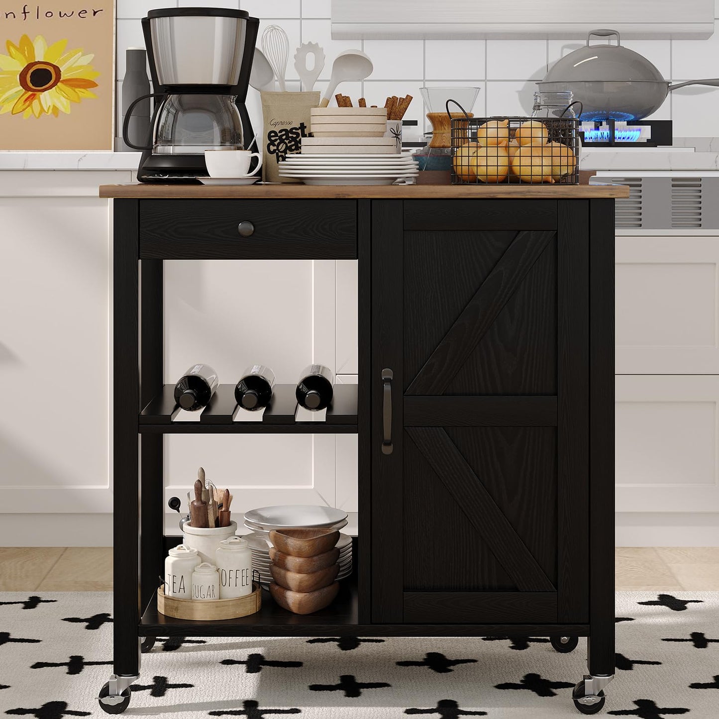 4 EVER WINNER Black Kitchen Island Cart with Storage, Farmhouse Rolling Portable Bar cart with Wine Rack,Small Islands Cart on Wheels for Kitchen