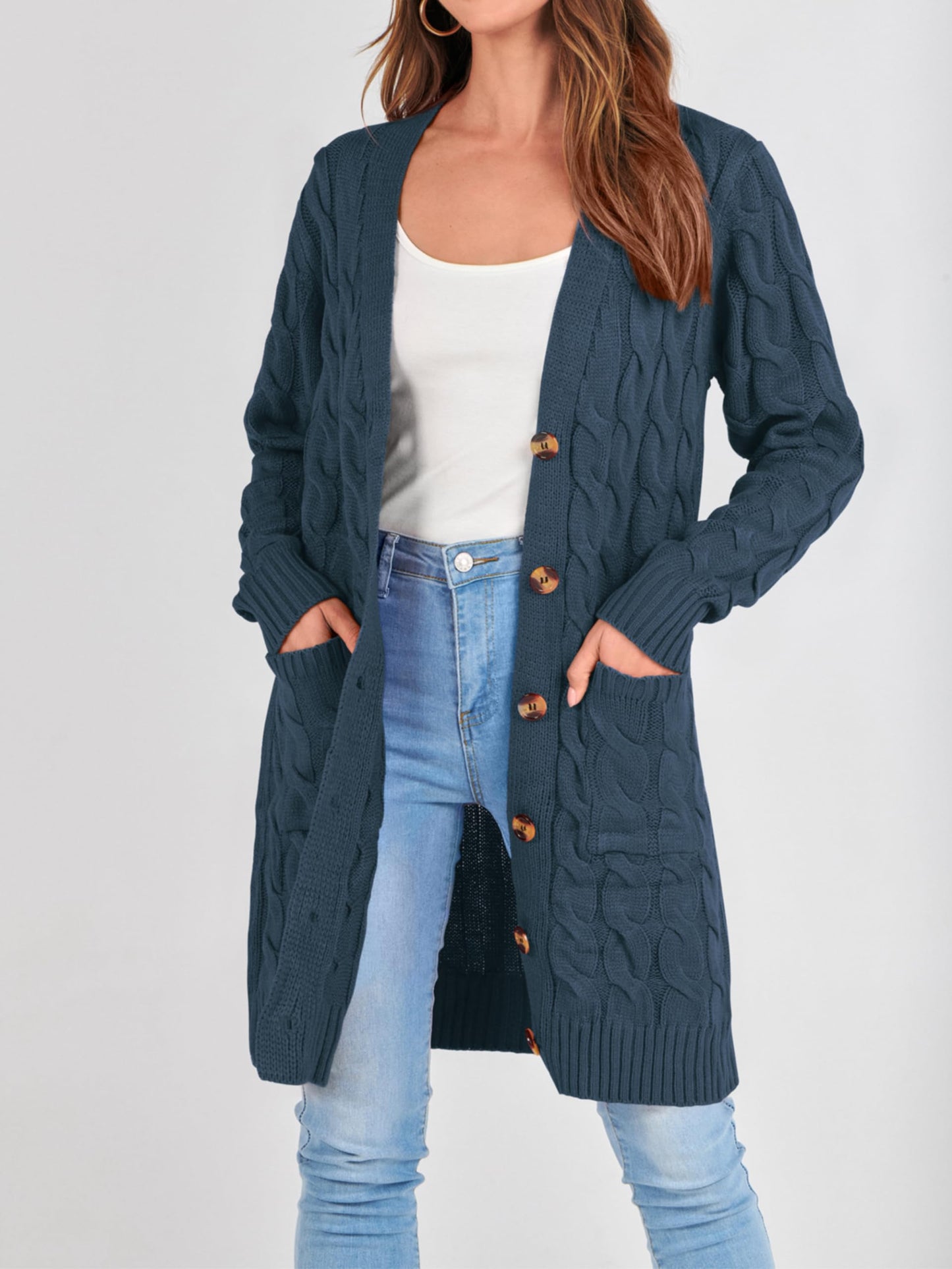 PRETTYGARDEN Long Sleeve Cable Knit Long Cardigan for Women 2025 Fall Winter Chunky Open Front Button Sweaters with Pockets (Blue, Small)