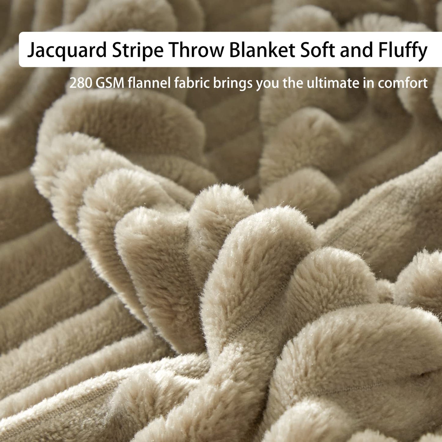 Geniospin Fleece Blanket Queen Size – 280GSM Super Soft Lightweight Bed Blanket with Strip, 3D Ribbed Jacquard, Plush Fuzzy Cozy Microfiber, Warm and Breathable (Taupe, 90x90 inches)