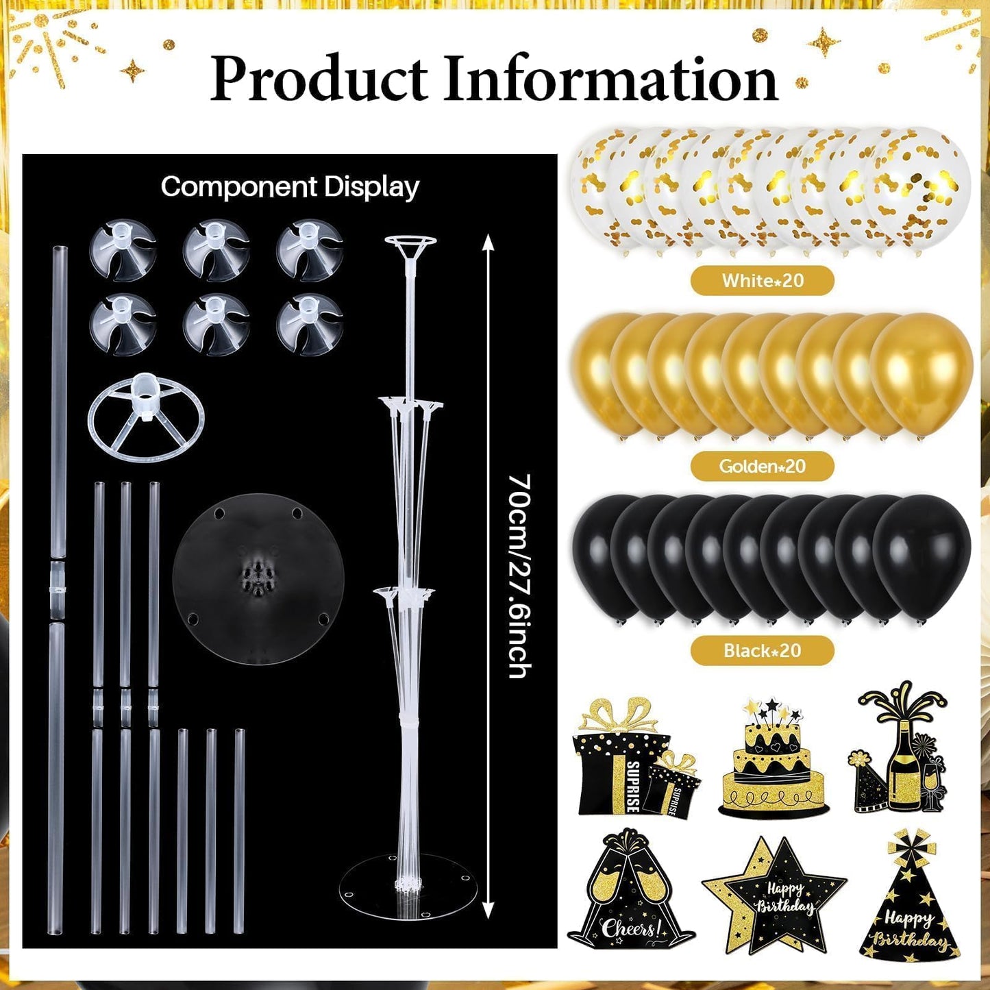 6 Sets Balloon Stand Kit for Table Happy Birthday Black Gold Balloon Centerpiece Decor Black and Gold Balloon Stand Kit for 40th 50th 60th 70th Birthday Party Decoration