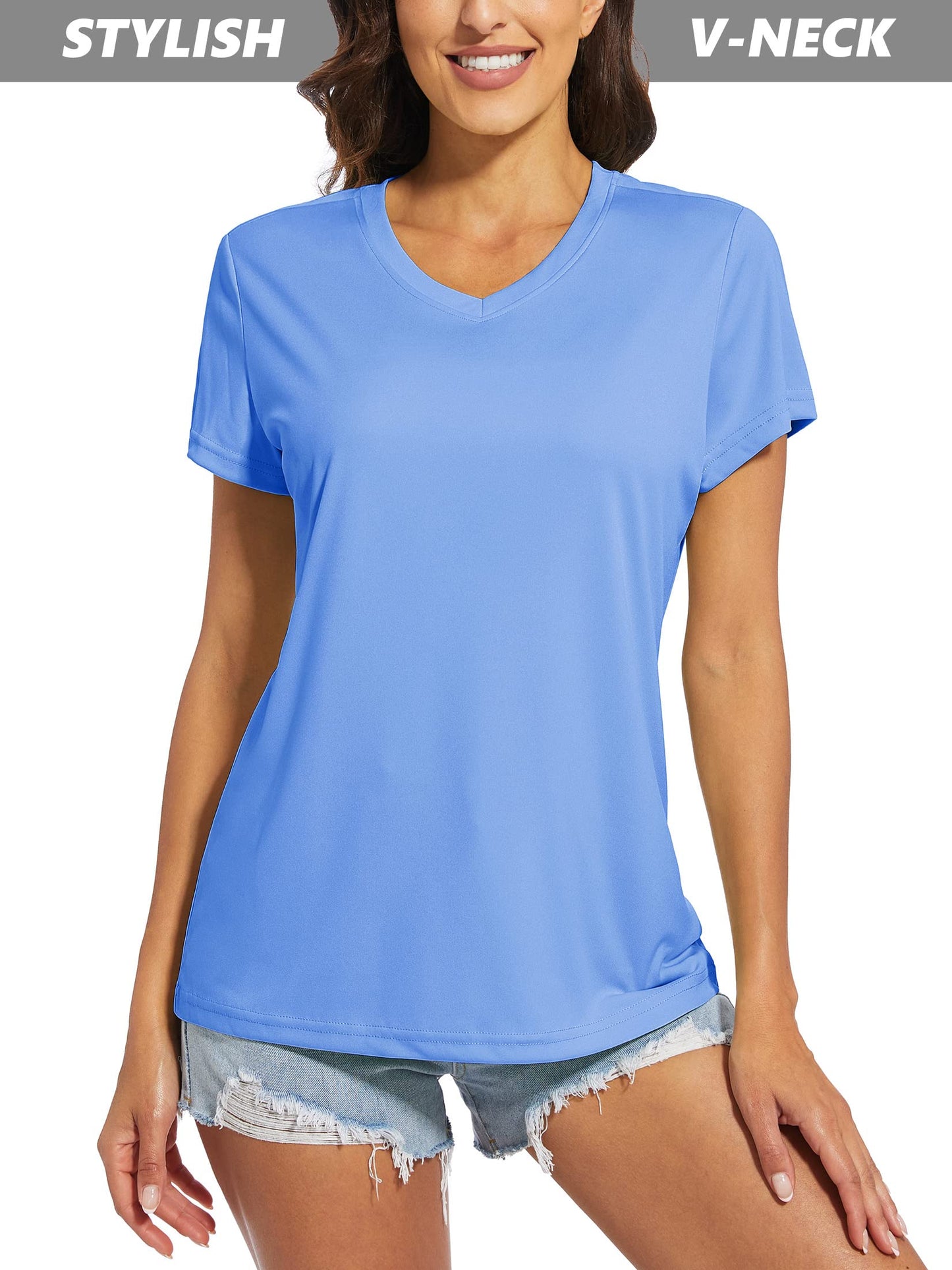 MAGCOMSEN Rash Guard for Women Short Sleeve V Neck Shirts Women Running Shirts for Women Dry Fit Workout Shirts Light Blue S
