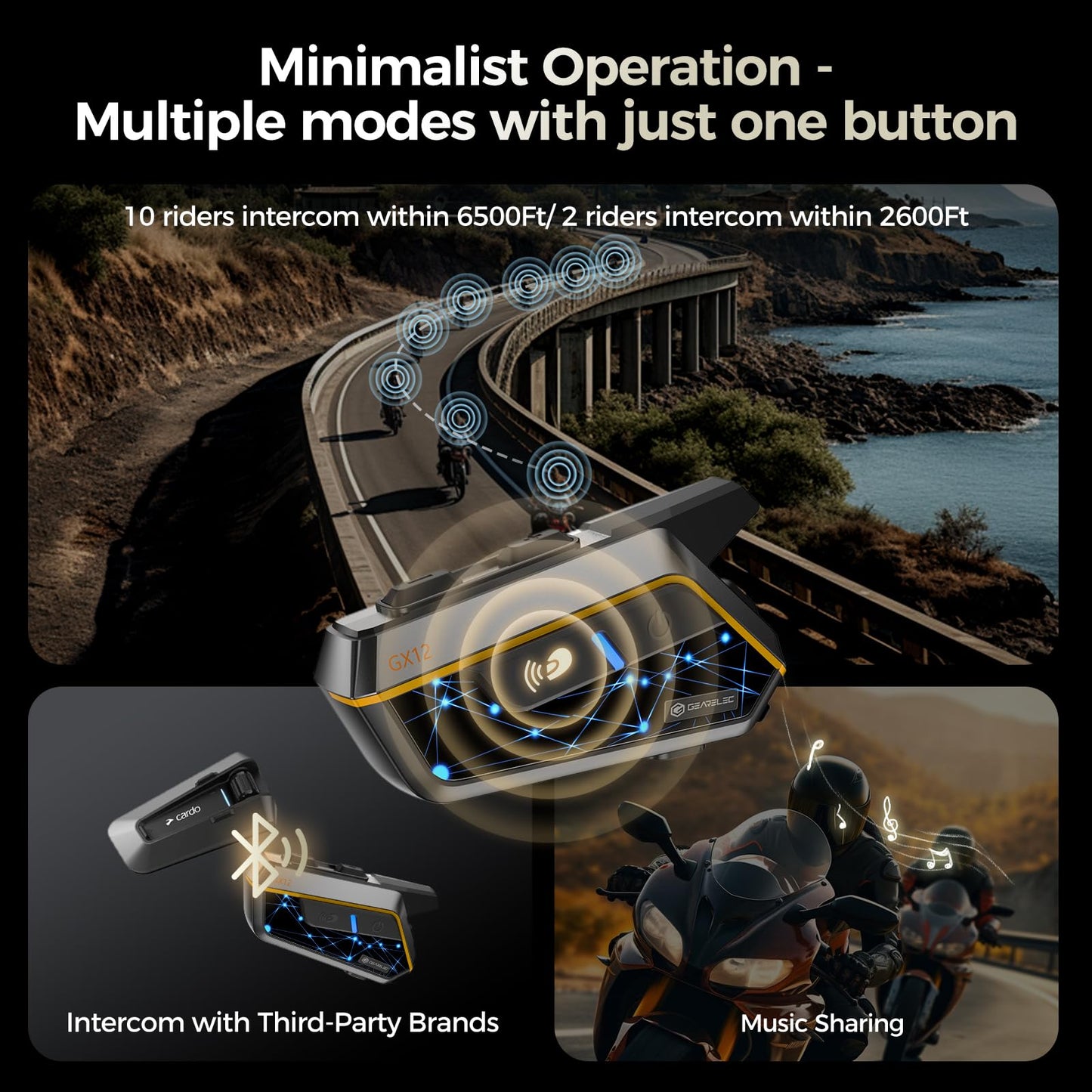 gearelec Helmet Bluetooth Intercom 【Multitasking Audio】【Mesh Intercom】, 10 Riders 2000M Motorcycle Communicaiton Systems，Motorcycle Bluetooth Headset with HiFi Sound/RGB Light/Music Sharing, 2 Pack