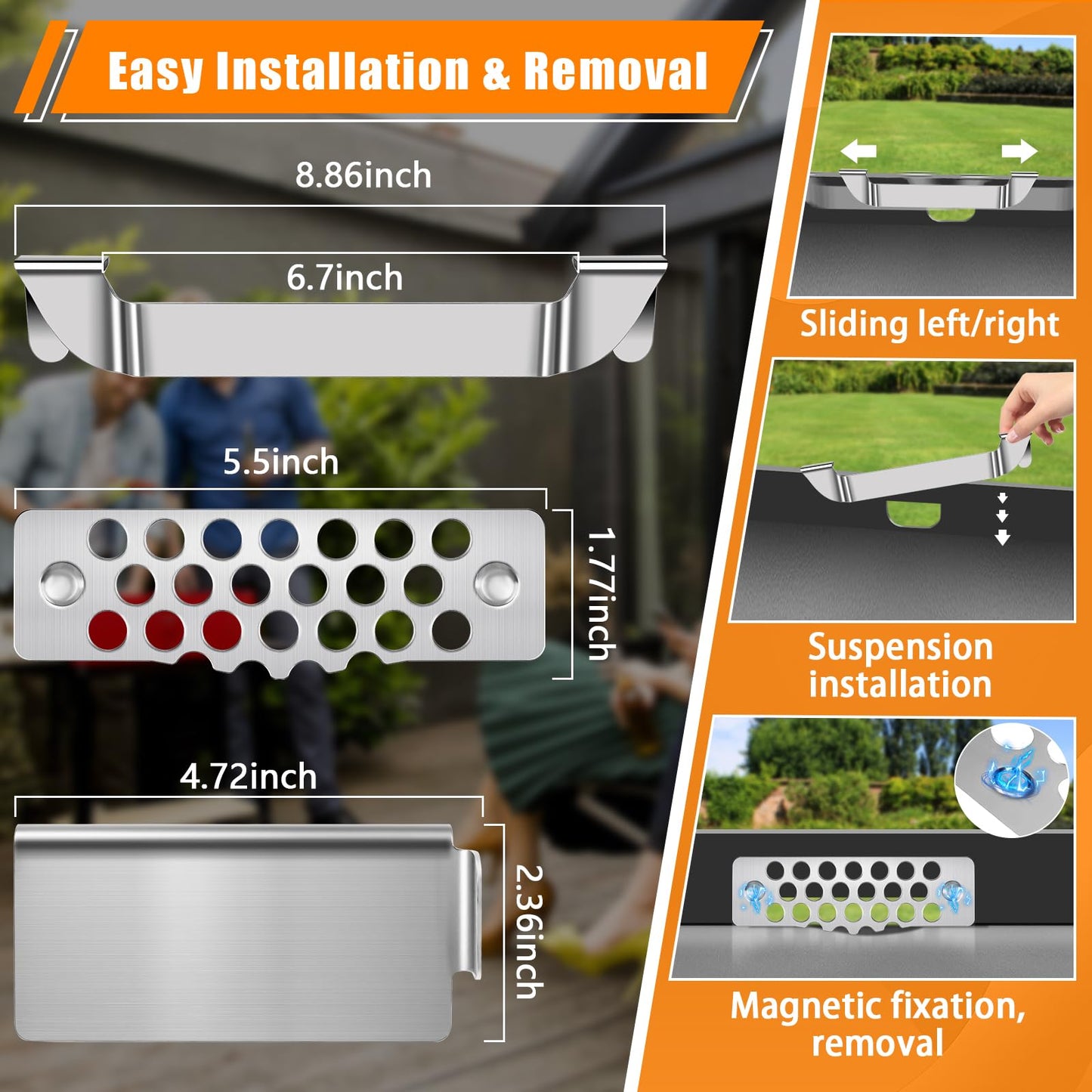 6pcs Magnetic Grease Gate Set, Griddle Spatula Holder and Magnetic Hooks Combo, Stainless Steel Flat Top Griddle Accessories Kit, Grill Tool Holder