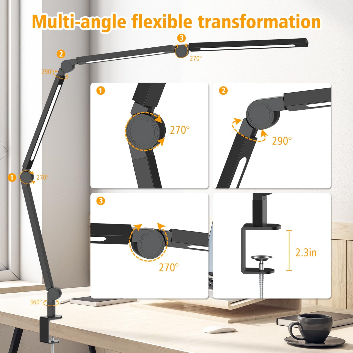LED Desk Lamp with Clamp,Adjustable Swing Arm Desk Lamps for Home Office,Dimmable Tempering Eye Care Desk Light Bright Modern Led Table Lamp for Nail Tech Architect,Flexible Tall Task Table Light