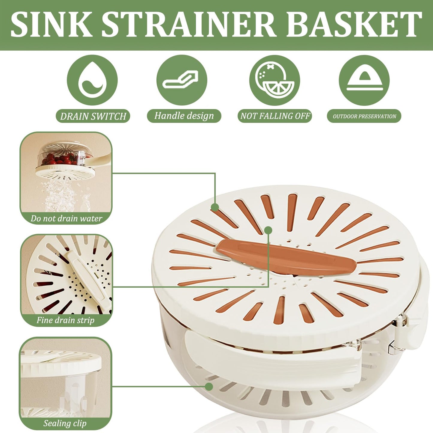 2 Pcs MultiPurpose Fruit Strainer Drain Basket with Lid & Collapsible Handle,2 in 1 Draining and Preservation Basket, Fruit Cleaner Bowl for Fridge Freshness and Outdoor Picnics(Brown)