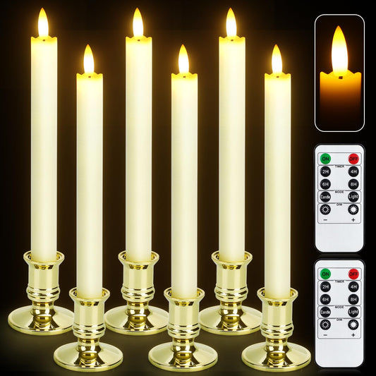 6 Pack Flameless LED Taper Candles With 2 Remotes, Fake Candles With Holders, Battery Operated Pillar 3D Flame Real Wax for Home Decor, Wedding, Table, Festival, Halloween, Christmas