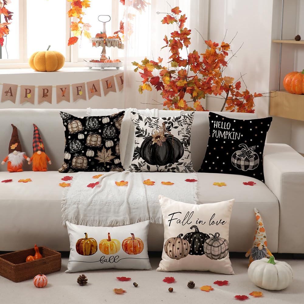 DFXSZ Fall Pillow Covers 18x18 inch Set of 4 Fall Decorational Various Styles of Pumpkin Fallen Leaves Decorative Black Autumn Outdoor Pillowcases Thanksgiving Decoration for Home Couch 211B18