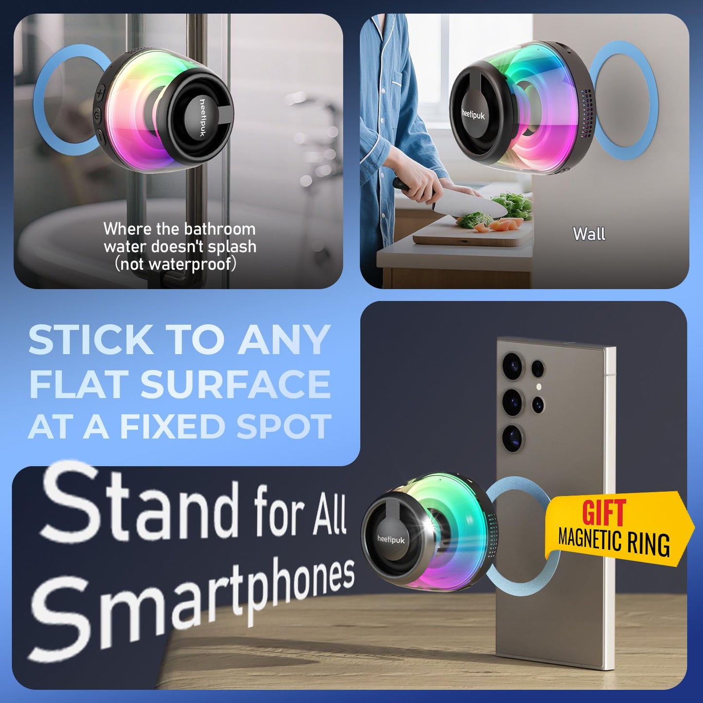 heetipuk Mini Magnetic Bluetooth Speaker, Loudspeaker with Bass Diaphragm, 5W Internal-Magnet Speaker, 7H Playtime,TWS, RGB Light, TF Card Slot, Including Magnetic Ring and Lanyard, As Phone Stand