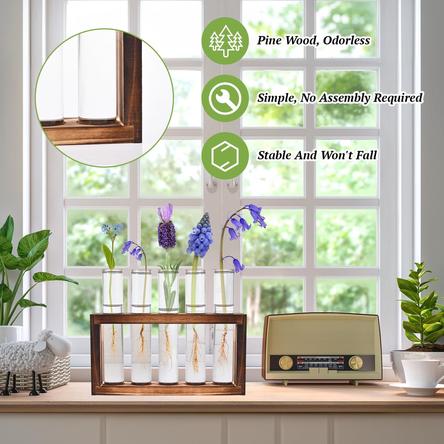 Tigvio 2pcs Desktop Glass Plant Propagation Station with 10 Test Tubes in Wooden Stand - Hydroponic Plants Cutting Office Home Decoration and Garden Decor Terrarium (10 Tubes)