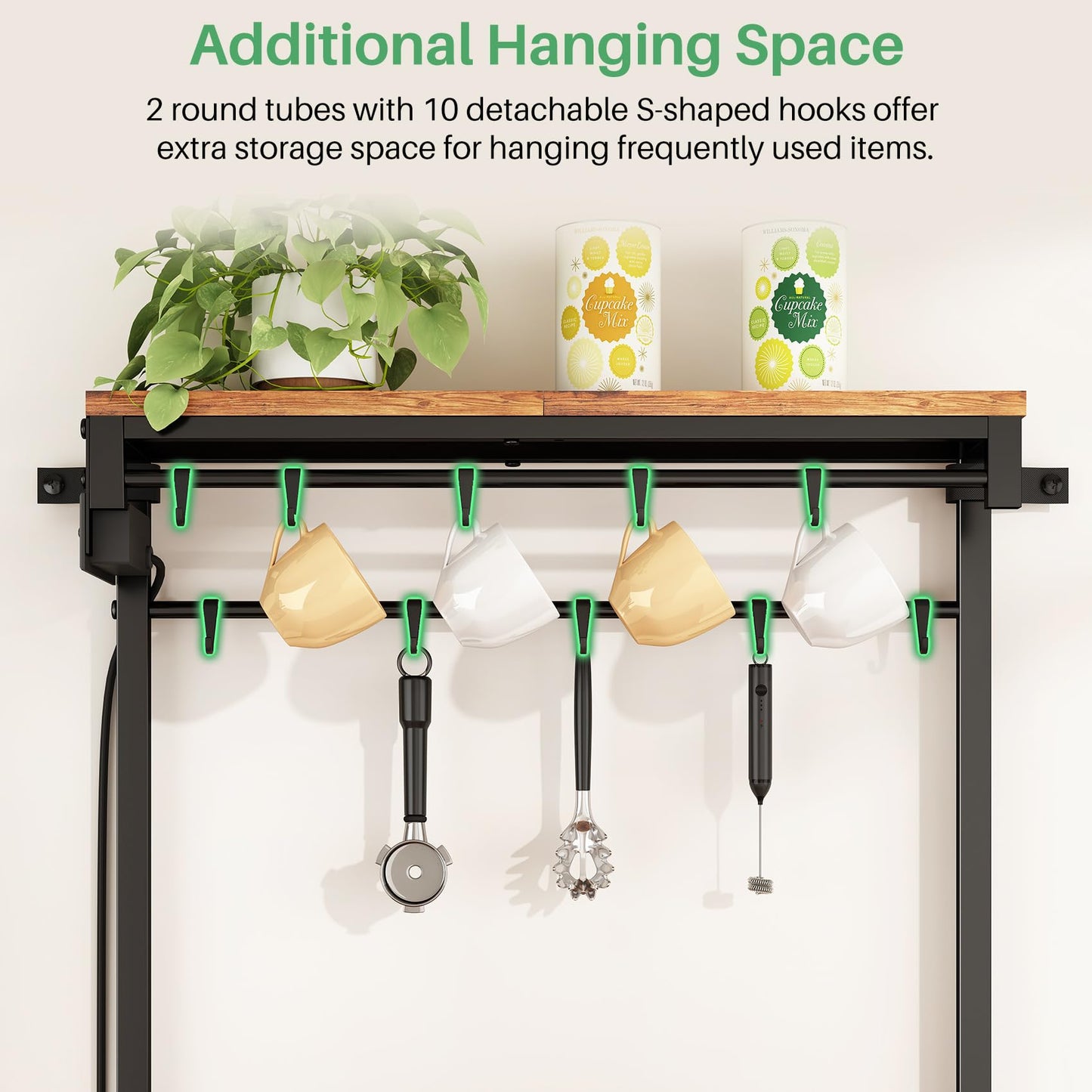 Kitchen Bakers Rack with Power Outlet 10 Hooks, 4 Tiers Coffee Bar Station Cabinet, Microwave Stand with Storage (Rustic Brown, 21.7 x 14.2 x 49.6 Inch)