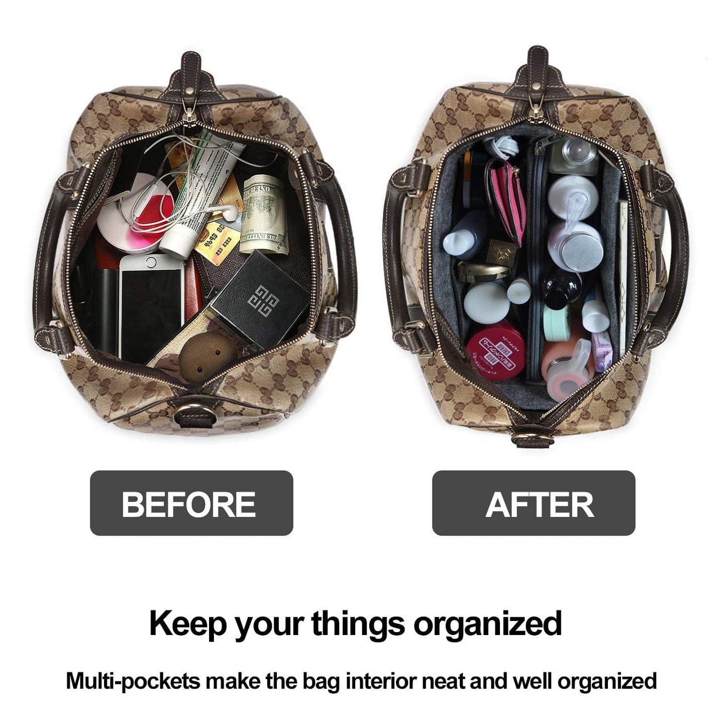 OMYSTYLE Grey Organizer Insert, Felt Tote Bag Organizer Insert with 5 Sizes, Handbag Dividers for Inside Purse, Compatible with Longchamp, Neverful, Speedy and More