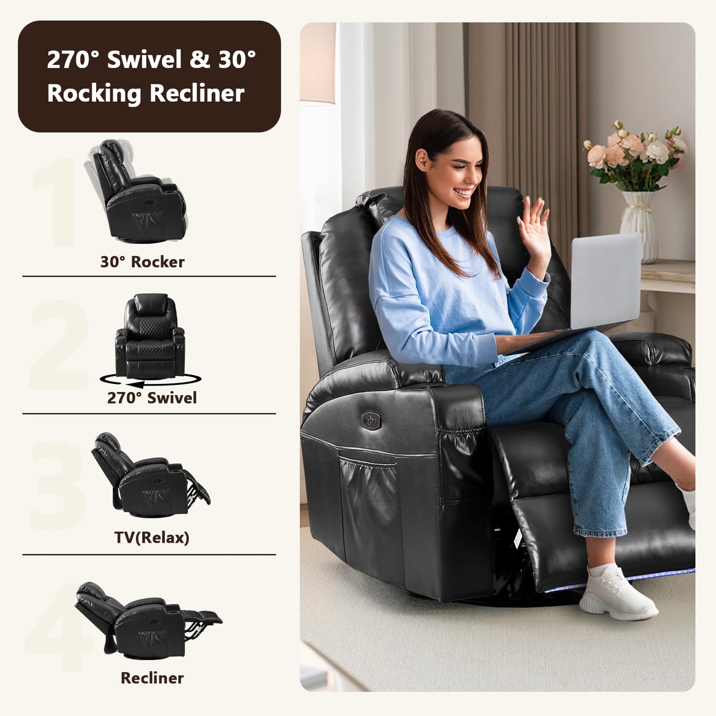 AHMED Power Swivel Rocker Recliner Chair with Massage and Heat, Faux Leather Home Theater Seating with LED Ambient Lighting, Glider Reclining Sofa with Cup Holders for Living Room,Black