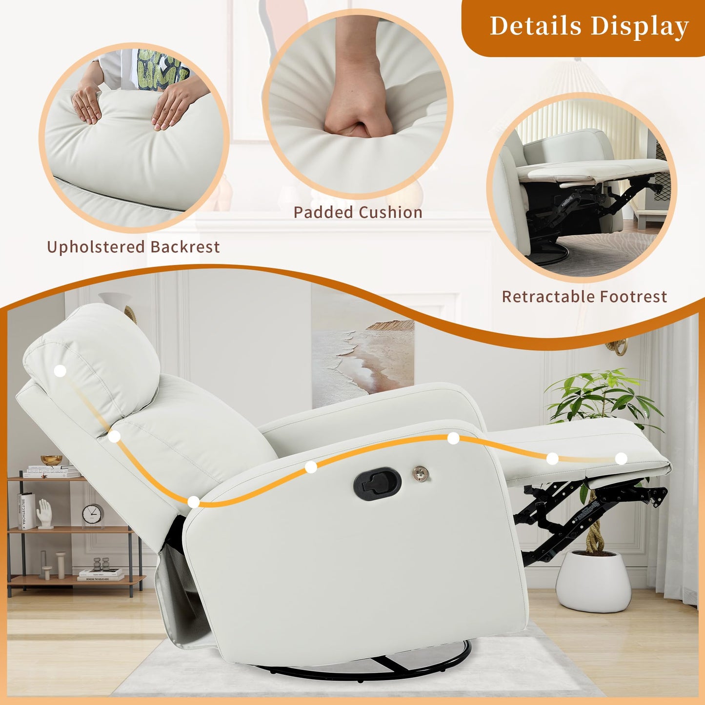 CHSICFOR Modern Recliner, Swivel Glider Chair, Nursery Reclining Sofa with Lumbar Support, Adult Soft Padded Faux Leather, 360 Free Rotation, Removable Phone Holder, Gray