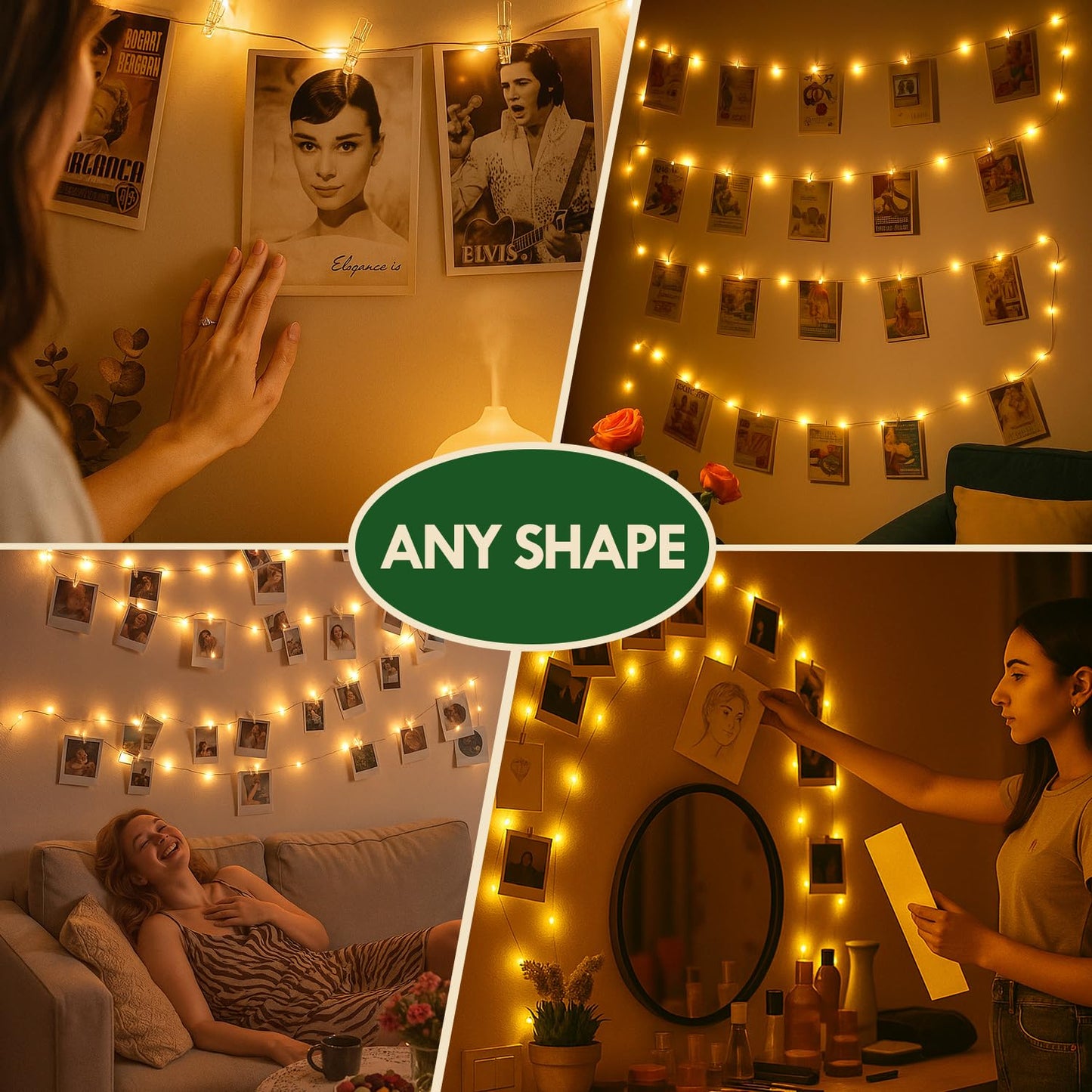 Photo String Lights with Clips for Hanging: 33Ft 100LED & Timer Fairy Light with 50 Clear Clip for Picture Display - Indoor Bedroom Room Dorm Wall Decor - Christmas Party Wedding Romantic Lighting