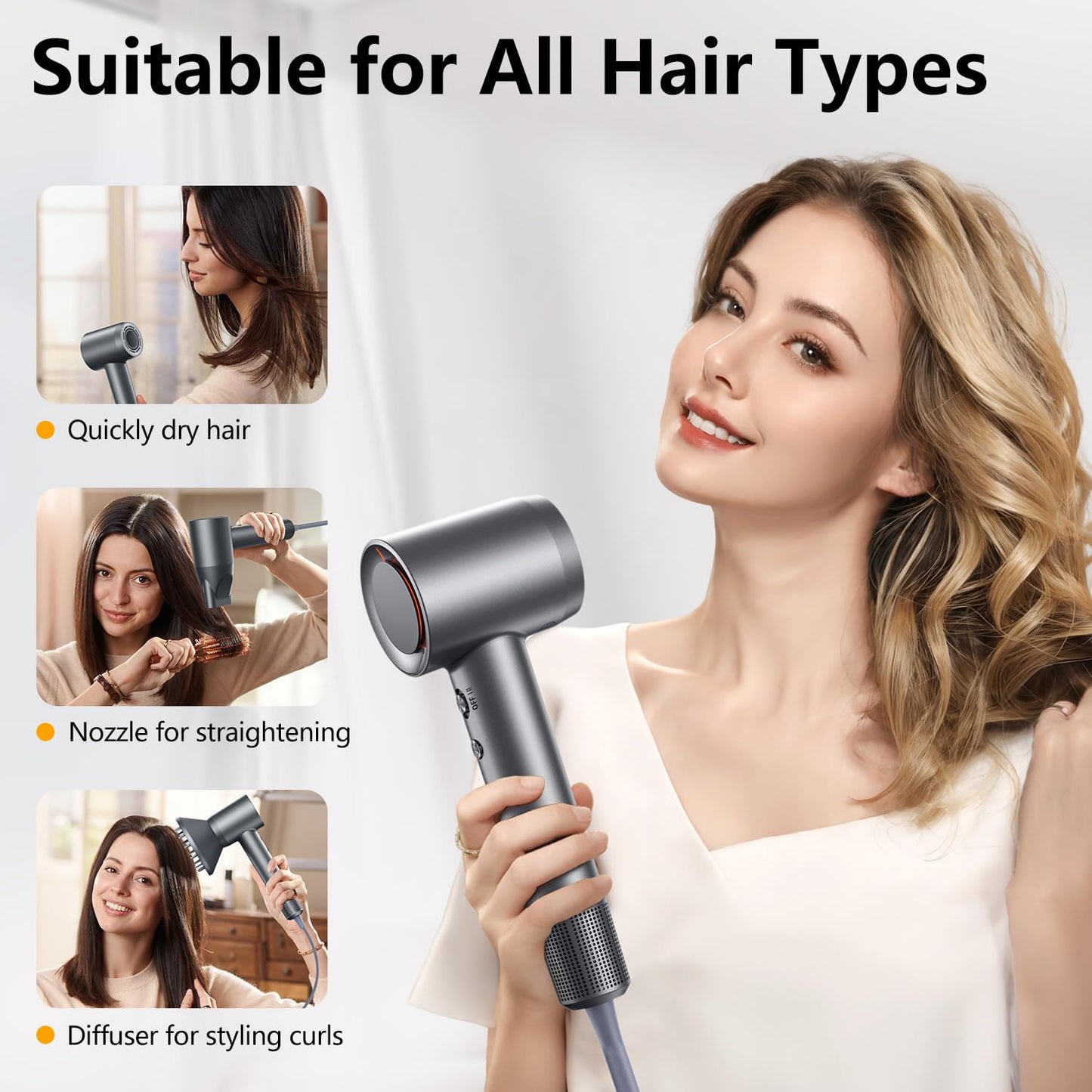 High-Speed Hair Dryer - 3 Min Fast Drying, Salon-Grade Blow Dryer with 500 Million Negative Ions, No Heat Damage, Low Noise, Lightweight, Professional Hairdryer with Diffuser & Nozzle, Gunmetal