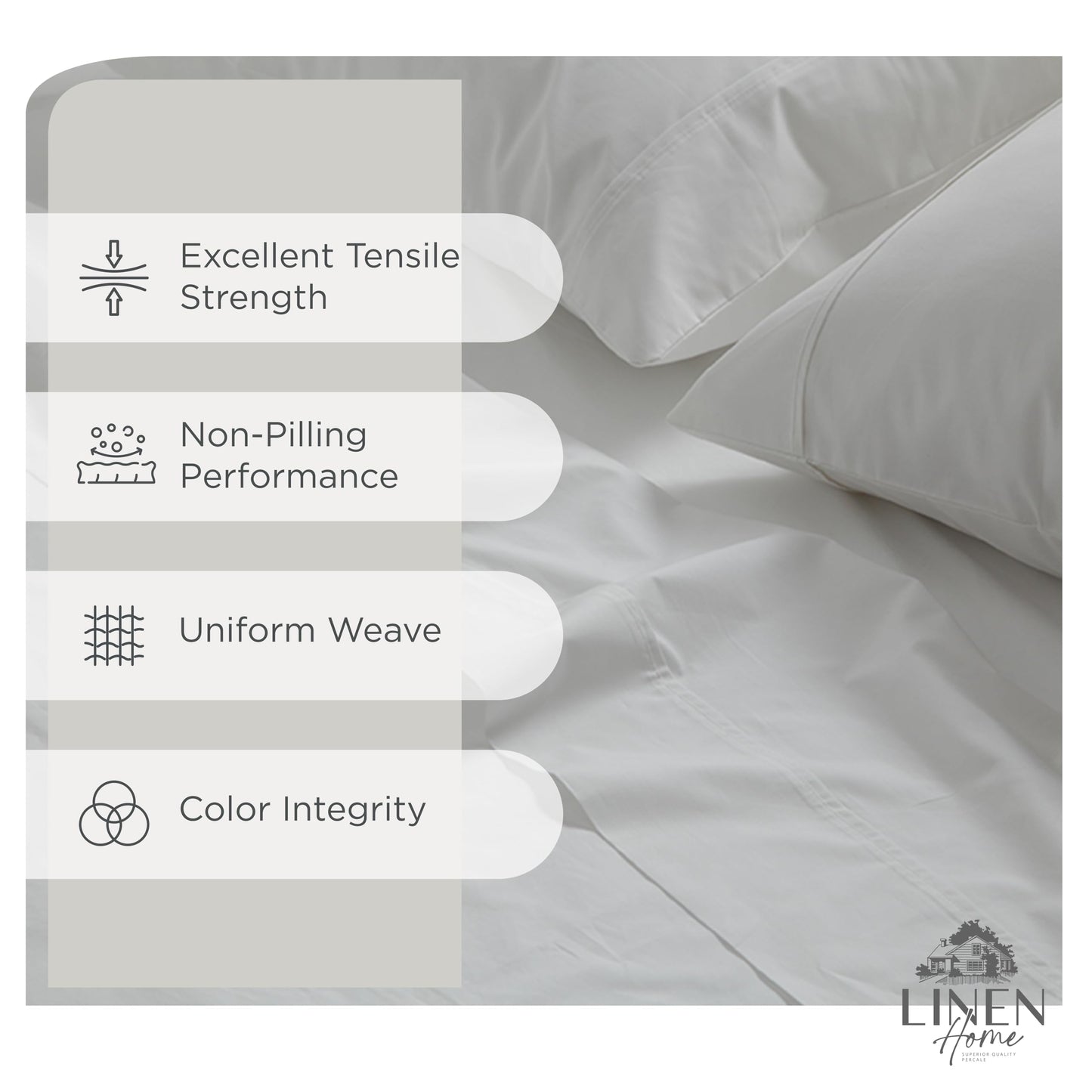 Linen Home 100% Cotton Percale Sheets Queen Size, White, Deep Pocket, 4 Pieces Set - 1 Flat, 1 Deep Pocket Fitted Sheet and 2 Pillowcases, Crisp Cool and Strong Bed Linen