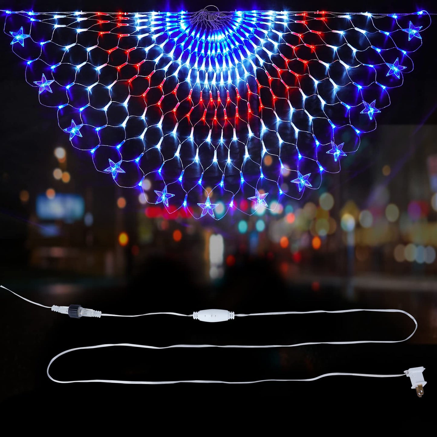 Family Patriotic American Flag String Lights - 250 LED Half Fan Shaped Outdoor Waterproof Lights, 4th of July Decorations, Independence Day, Memorial Day, USA
