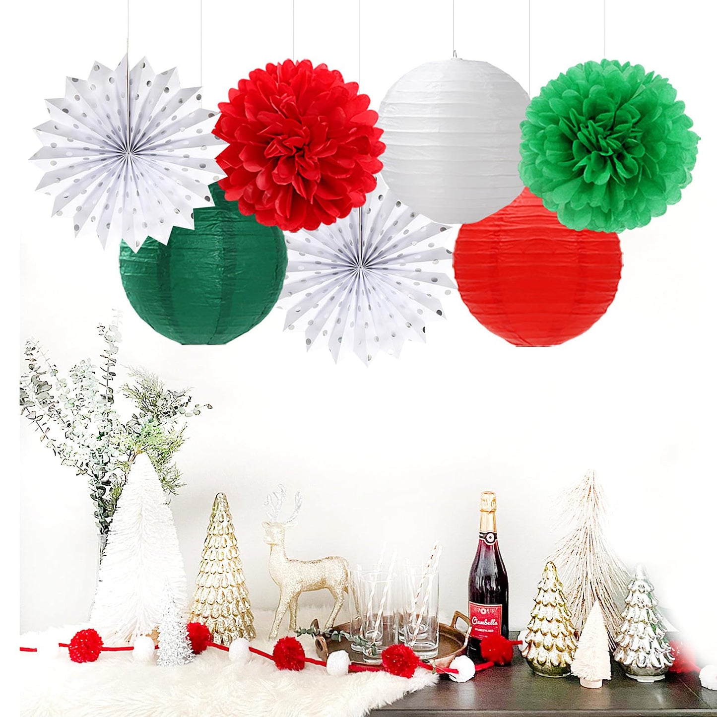 Red Green-White Christmas Party Decorations - 20pcs Mexican Italian Paper Lanterns Fans,Tissue Pom Poms,Honeycomb Balls,Bunting,Birthday Mexico Italy Baby Shower Wedding Decor Burgleda