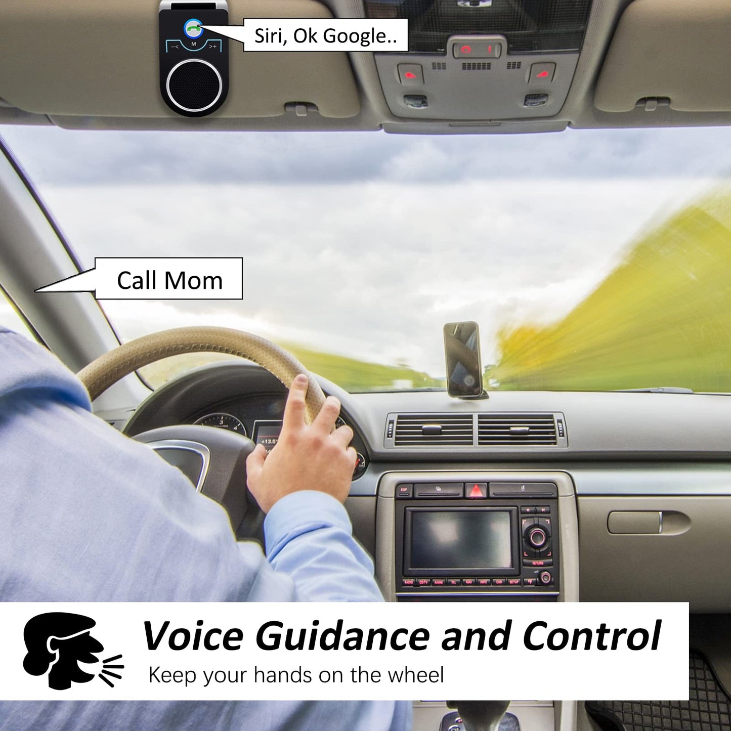 Hands Free Cell Phone Car Kit, Bluetooth 5.0 in Car Speakerphone with Visor Clip, Siri Google Voice Command Support,Built in Mic, Support 2 Phones Connected, Bluetooth Speaker for Safe Driving