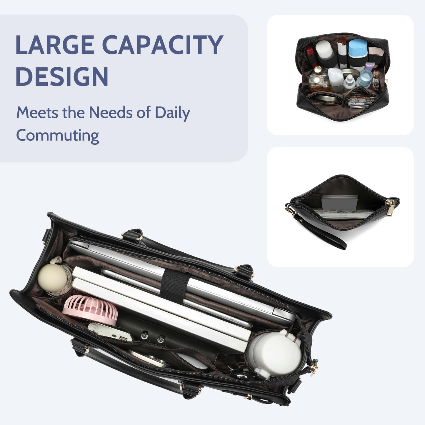 Keyli 3pc Sets Laptop Tote Bag for Women 15.6 Inch Work Bag Business Computer Briefcase Waterproof Leather Laptop Purses Casual Shoulder Handbag Messenger Bags for Travel Teacher Office Black