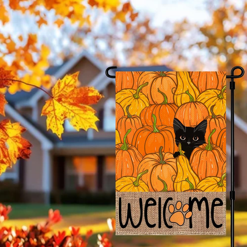 RABUSOFA Fall Garden Flag Double Sided Outside,Black Cat Pumpkins Autumn Welcome Seasonal Thanksgiving Holiday Yard Outdoor Flag