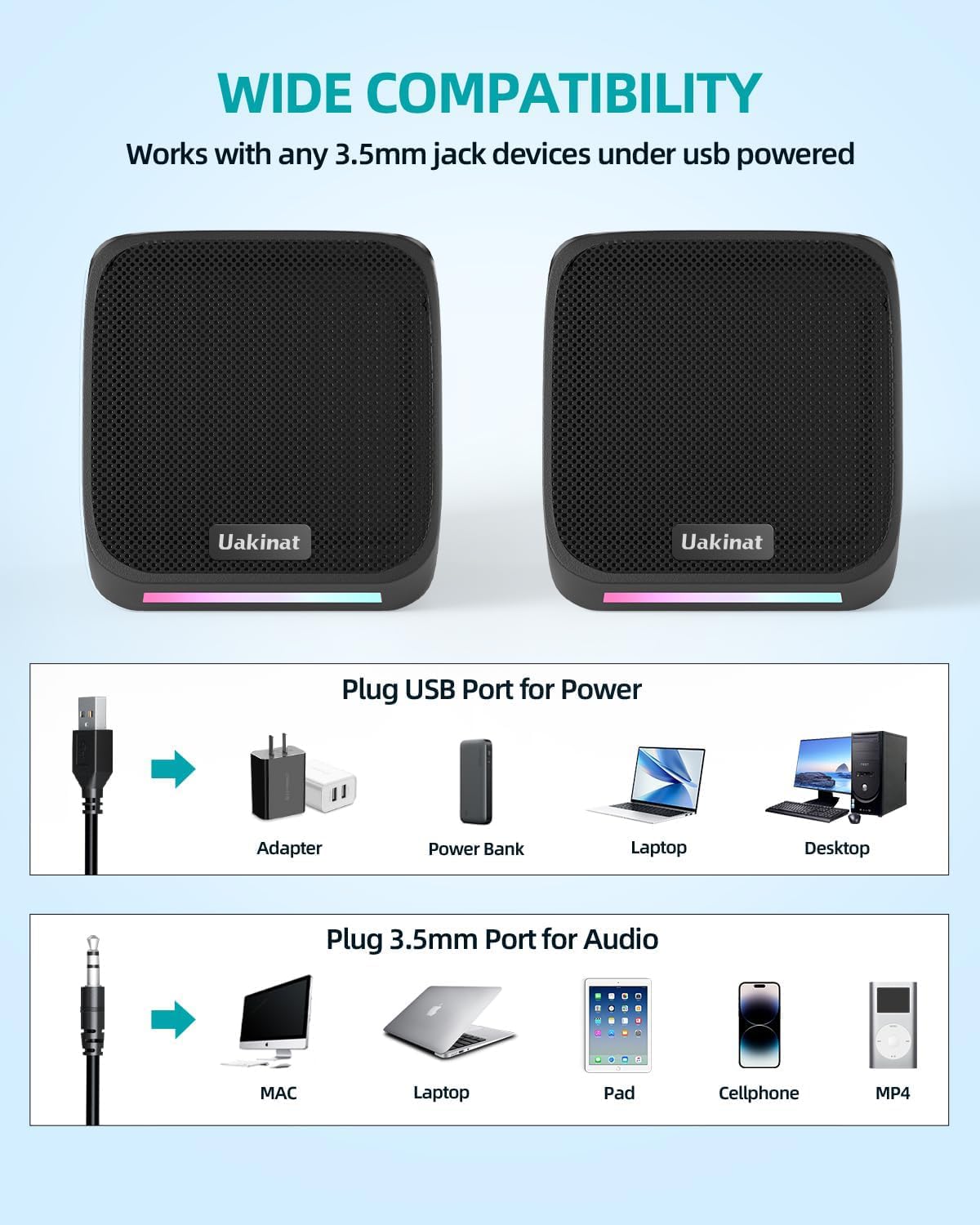 Uakinat Computer Speakers,Computer Speakers for Desktop PC,Desktop Speakers,Small Computer Speakers USB Powered 3.5mm Aux Speaker for PC,Laptop,Tablet,Phone