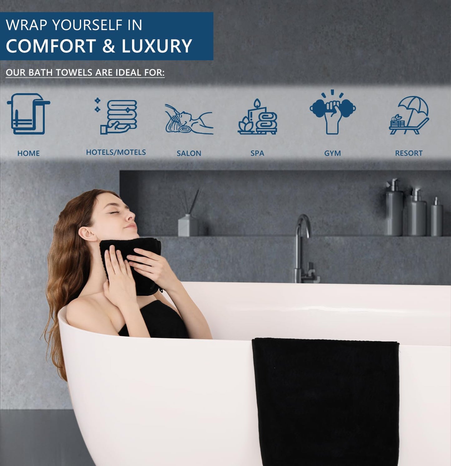 Jessy Home Black 8 Piece Bath Towel Set |2 Oversized Large Bath Sheet,2 Hand Towels,4 Washcloths| Soft Luxury Towel Set for Bathroom Hotel,Highly Absorbent Quick Dry 600GSM Bathroom Towel Collections