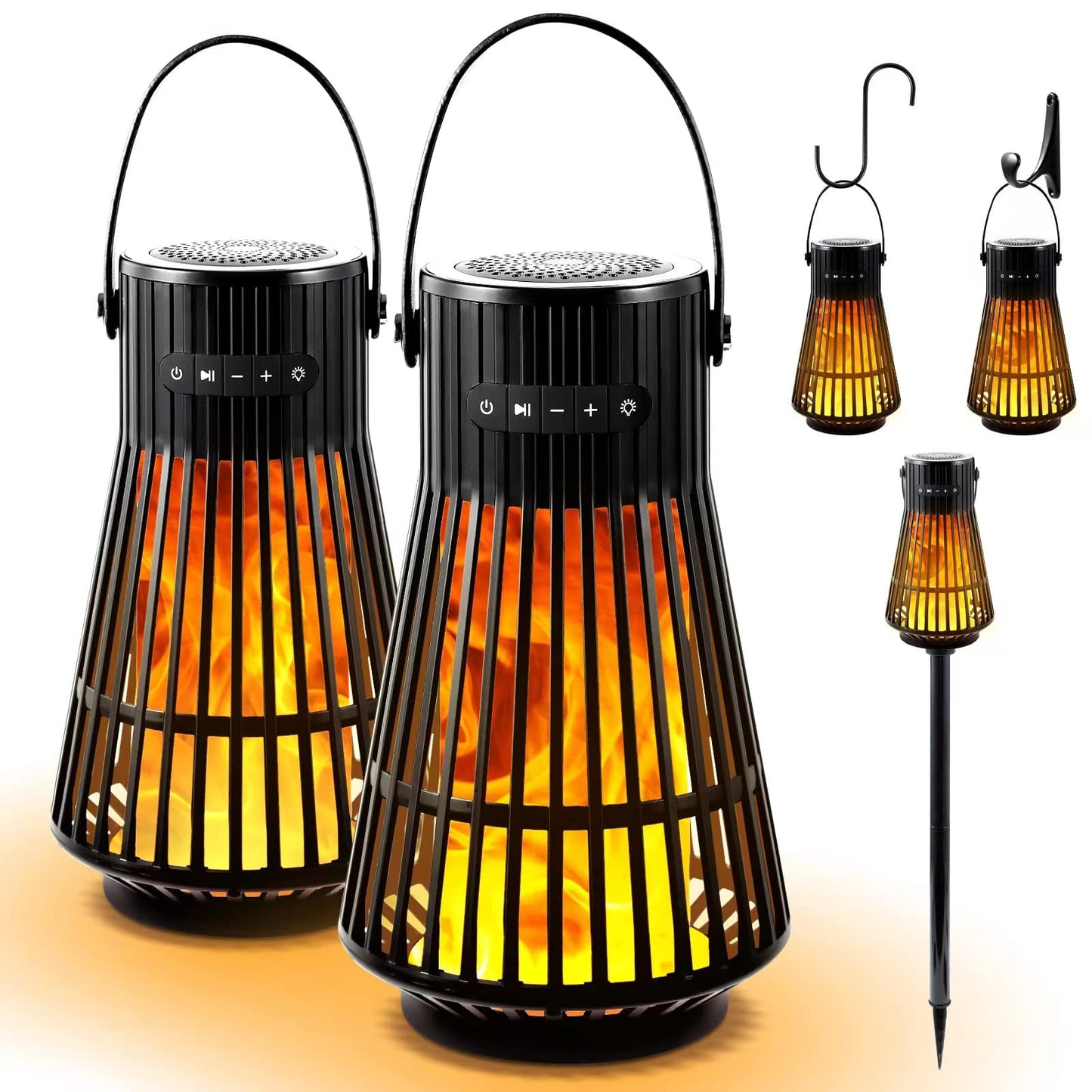 Outdoor Bluetooth Flame Speaker, Tesoorda LED Flickering Flame Effect Speaker with Torch Light, Portable Waterproof Wireless Speaker with Wall Mounted Hook&S Hook&Stake for Camping, Deck, Patio, 2Pack
