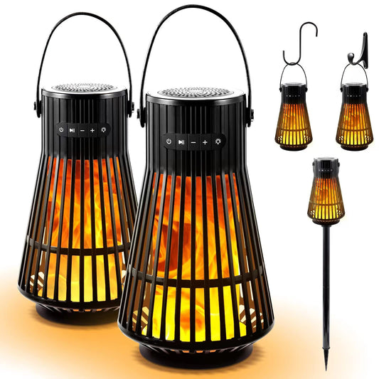 Outdoor Bluetooth Flame Speaker, Tesoorda LED Flickering Flame Effect Speaker with Torch Light, Portable Waterproof Wireless Speaker with Wall Mounted Hook&S Hook&Stake for Camping, Deck, Patio, 2Pack