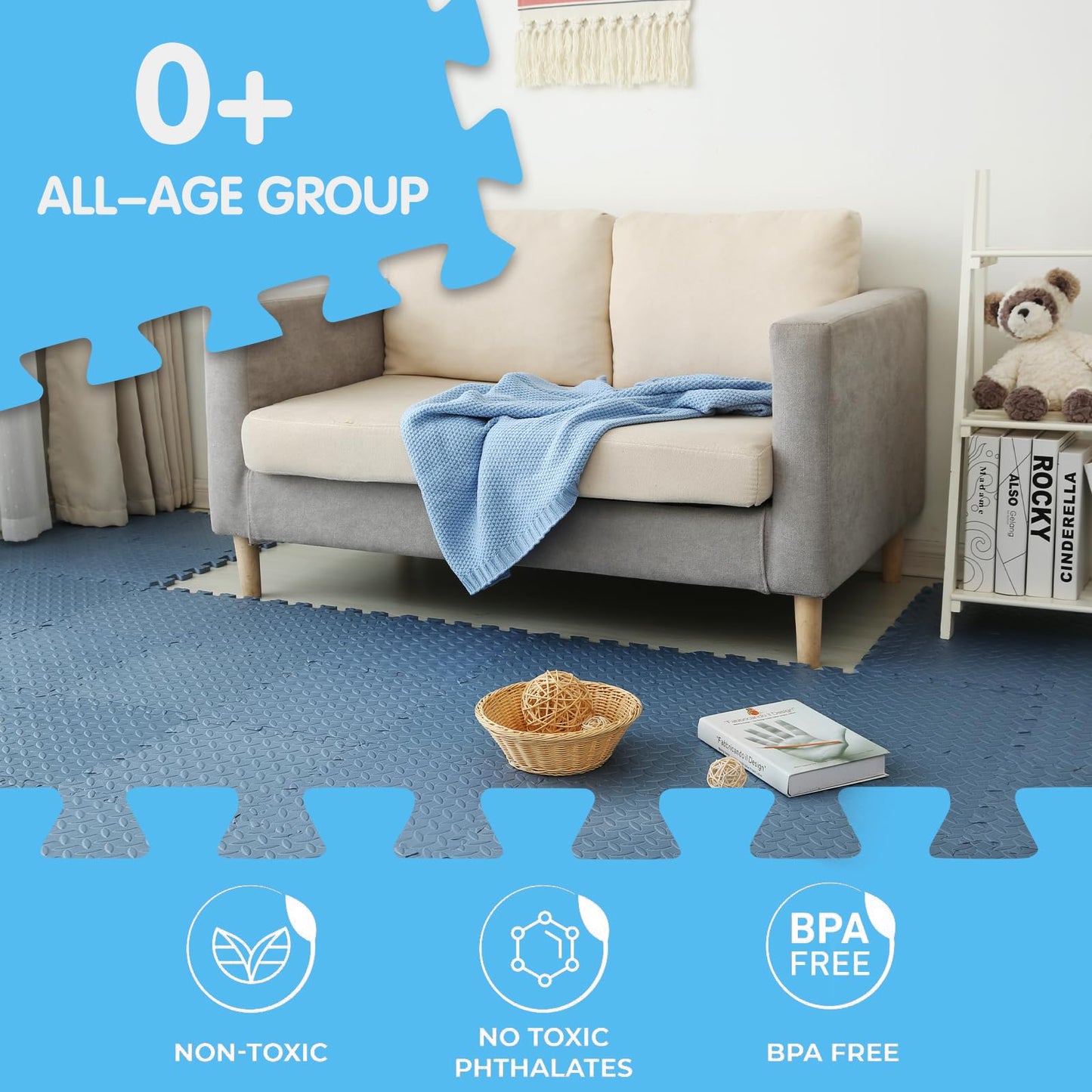 Coolcandy EVA Foam Play Mat, 16 Tiles Colorful Baby Play Mat, Square Kids Playmat with Solid Colored, 0.4" Thickened Interlocking Foam Floor Tiles, Puzzle Play Mat for Baby Lying, Playing (Navy Blue)