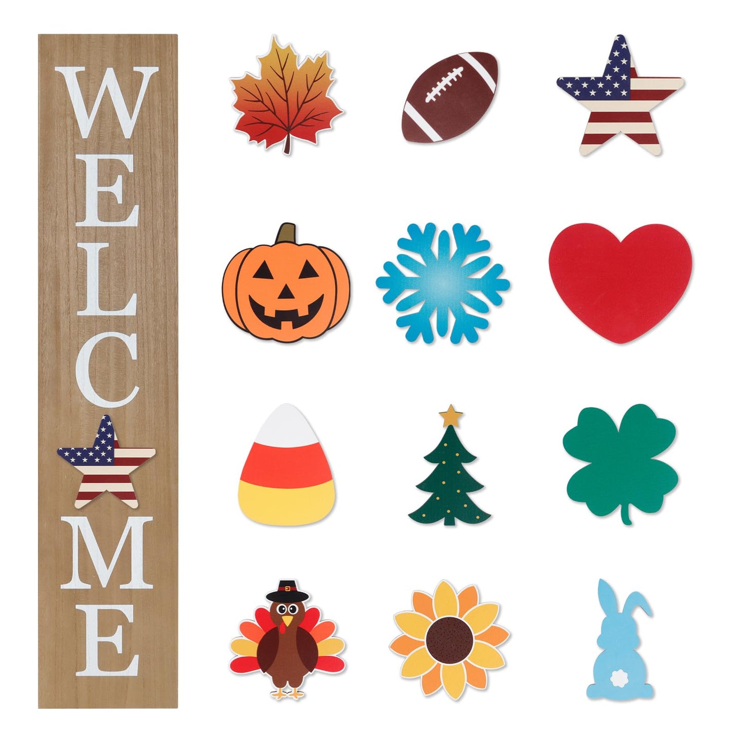 Interchangeable Welcome Sign for Front Porch- 45"X9" Large Standing/Hanging Wooden Sign with 12 PCS Replaceable Icons for 4th of July Fall Halloween Porch Wall Yard Decorations