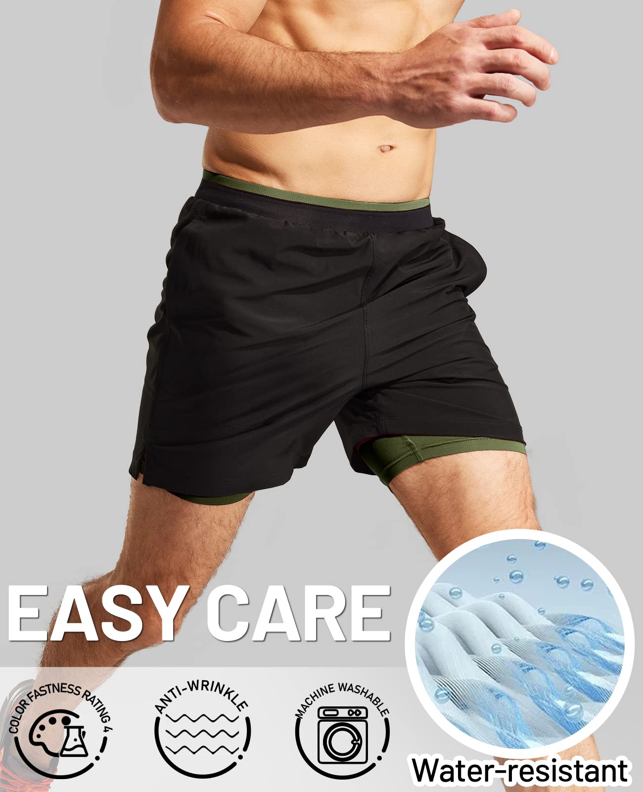 MIER 2 in 1 Athletic Running Shorts Men 5 Inch Inseam Workout Training Shorts with Liner Pockets, Black/Army Green, X-Small