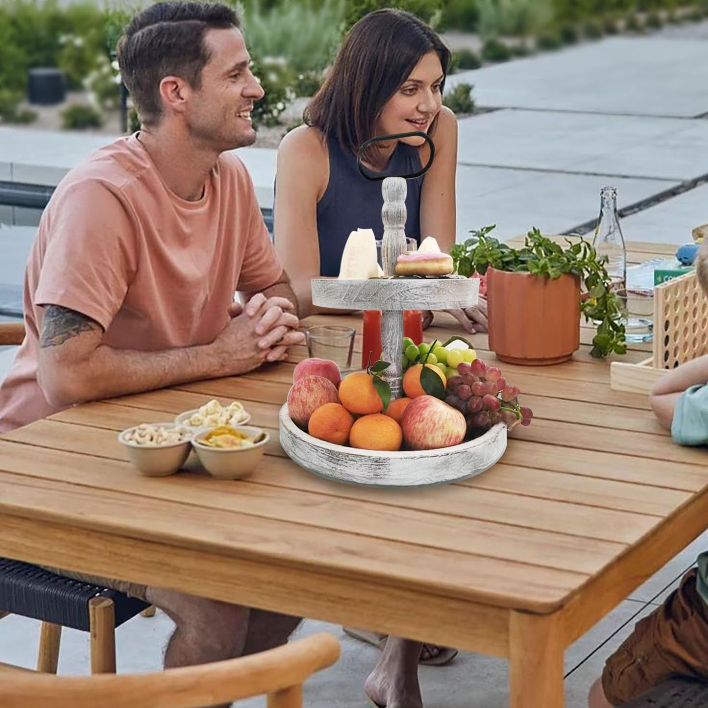 Farmhouse 2 Tiered Tray Stand for Home Decor, Wooden Serving Tiered Tray for Coffee Bar Table Centerpiece, Decorative Trays Kit for Countryside, Round Rustic Stand for Cake Cupcake(White)