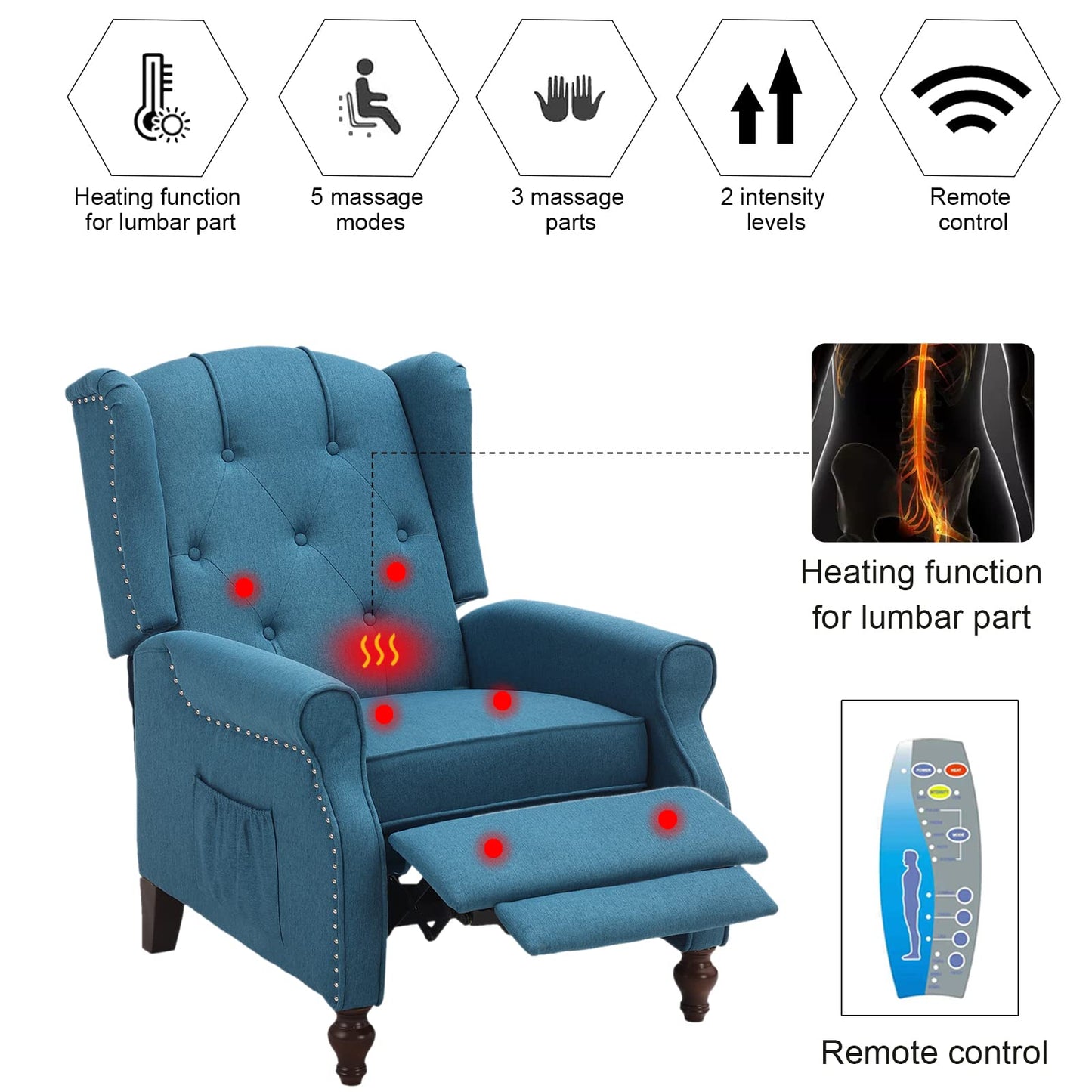B BAIJIAWEI Wingback Recliner - Tufted Arm Chair With Massage and Heat - Fabric Push Back With Remote Control, Heating Function, Adjustable Backrest (Blue)