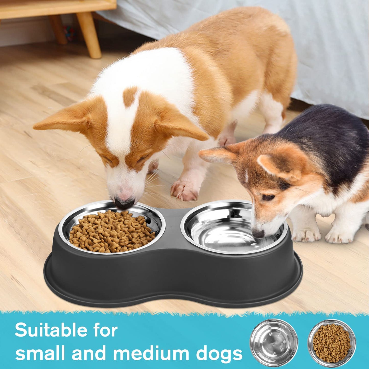 Epetslove Dog Bowls Double Dog Water and Food Bowl Stainless Steel Bowl with Non-Slip Resin Station, Pet Feeder Bowls for Puppy Medium Dogs Cats
