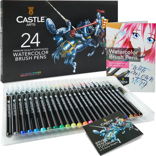 Castle Art Supplies Watercolour Brush Pens Set | 24 Lively Colours, with Flexible Nylon Tips | For adult colouring, painting, lettering – artists and beginners | Travel Case with Extra Water Brush Pen