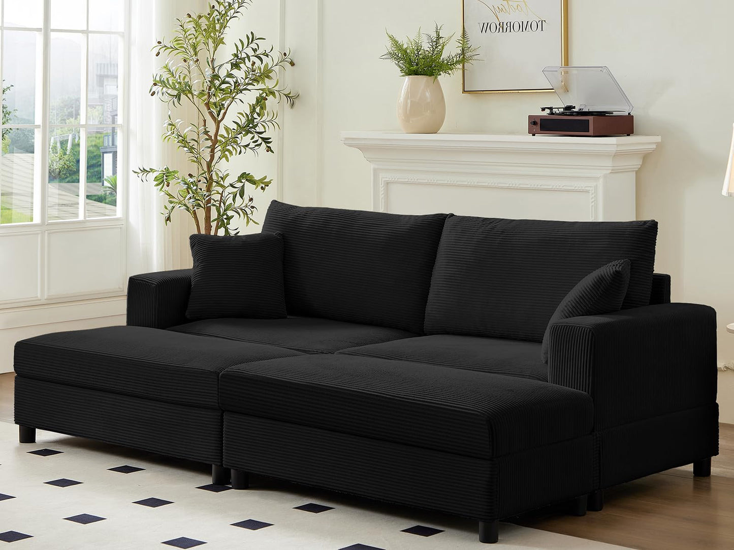 Mjkone Chaise Lounge Chair Indoor, 86 "W Oversized Double Sleeper Sofa with 2 Ottomans, Extra-Large Corduroy Upholstered Modular Sectional Couch Deep Seat for Reading, Living Room, Office, Black