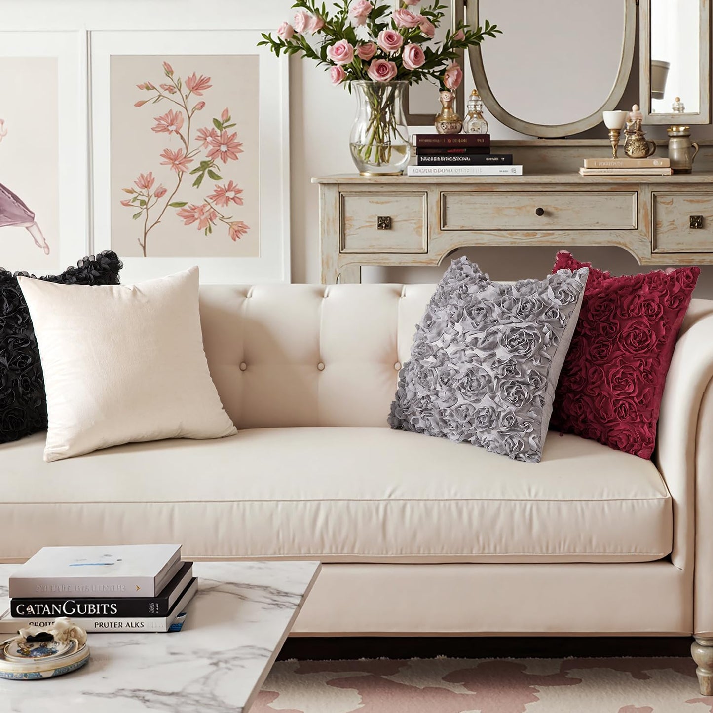 MIULEE 3D Decorative Romantic Valentines Stereo Chiffon Rose Flower Throw Pillow Cover Solid Pillowcase for Girl Women Wedding Sofa Bedroom Car Decor 12x20 Inch 30x50cm Wine Red