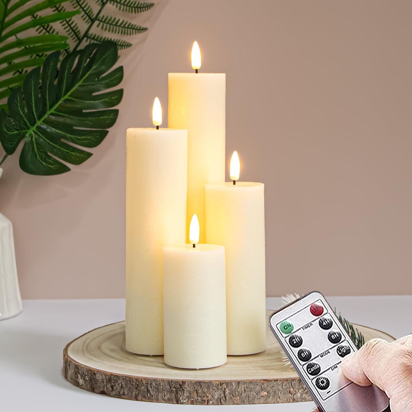 Vtobay Flickering Flameless Pillar Candles with Remote Control and Cycle Timer,Ivory Pack of 4 Battery Operated(Powered by 2AA) LED Real Wax Tall Fake 3D-Wick Electric Candles(D 2.2” x H 4”,6”,8”,10”)