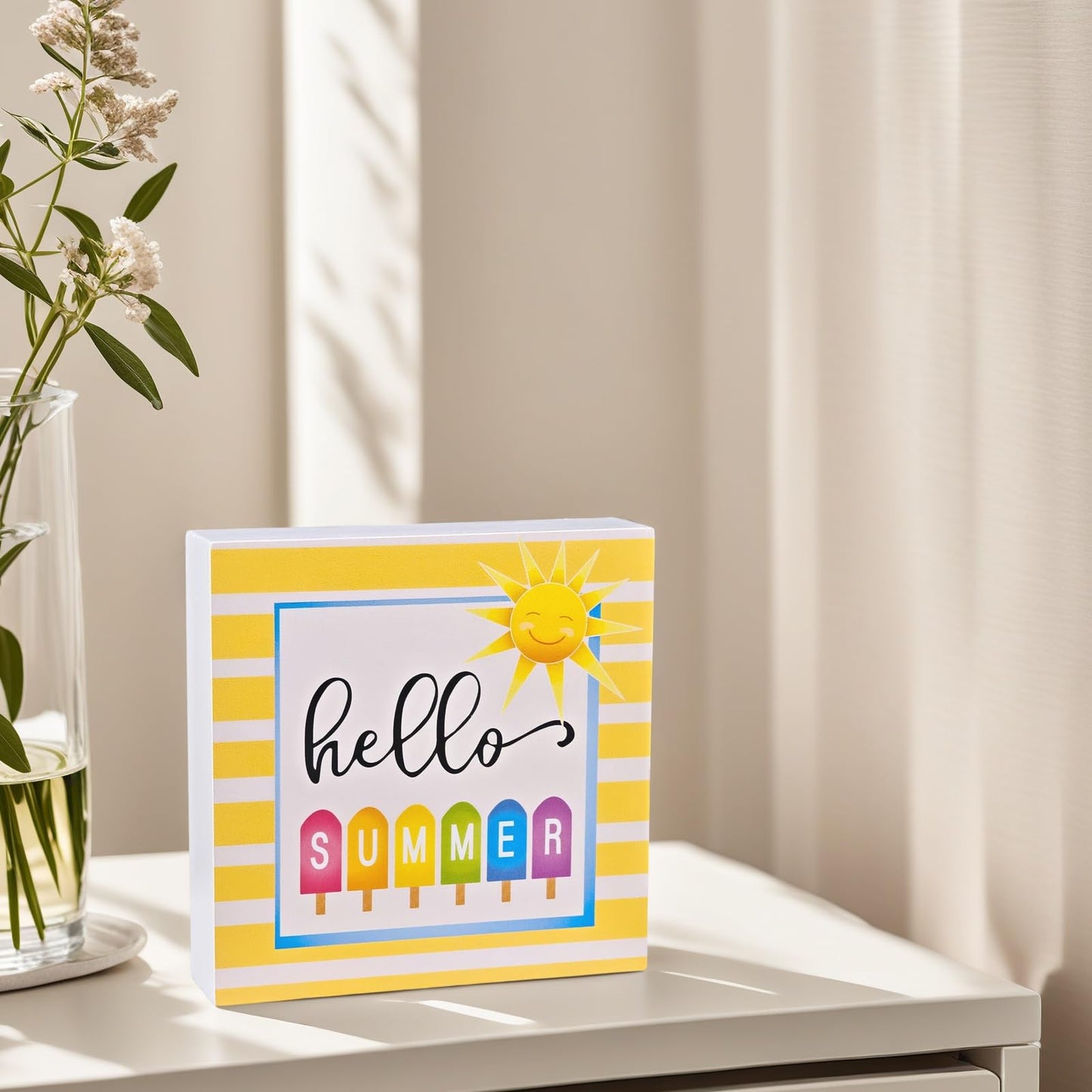 Summer Decor Summer Decorations for Home Hello Sunshine Popsicle Wood Box Sign Rustic Wooden Shelf Desk Decor Season House Warming Gifts 5.9 x 5.9 Inch