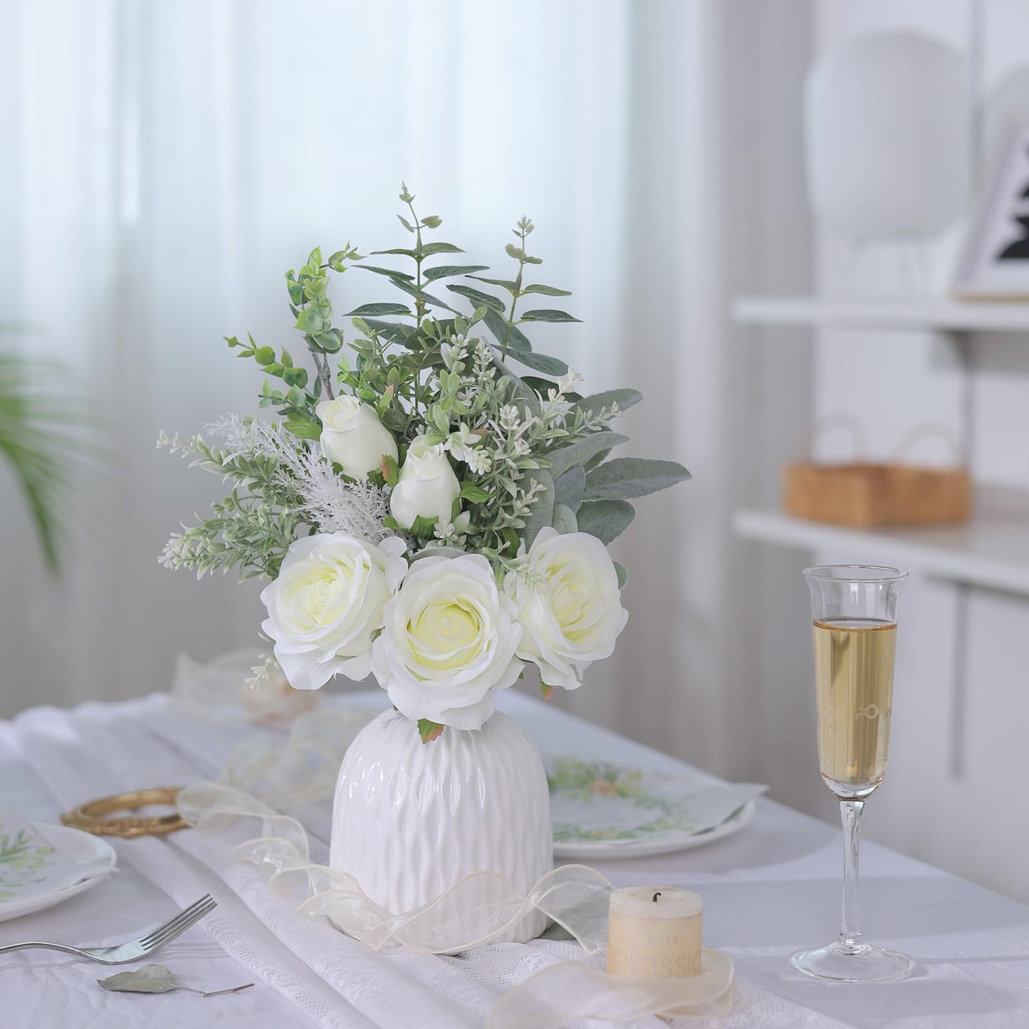 FOTEEWL Artificial Flowers with Ceramic Vase,Faux Silk Roses and Fake Plant Eucalyptus in Vase for Centerpiece Table Decorations, Living Room,Dining Table,Fireplace,Office,Farmhouse,Home Decor(White)