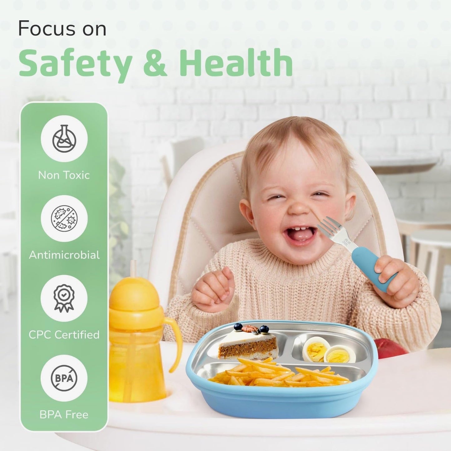 LYA Stainless Steel Suction Plates for Baby - Food Grade Stainless Steel Baby Feeding Set with Removable Silicone Wrap - 2x Children’s Non-Toxic Plates with 2x Baby Spoons and 2x Forks - Blue/Mint