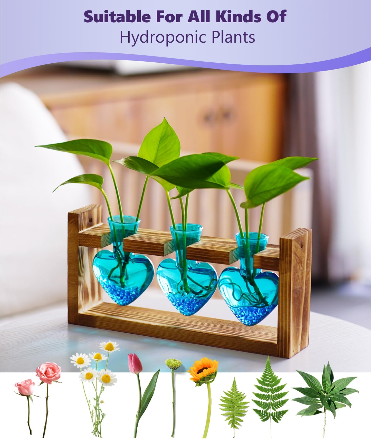 Nacome Plant Terrarium for Office Decor: Birthday Gifts for Plant Lovers Women Mom Wife - Wooden Stand Tabletop Planter 3 Bulb Glass Vase Heart Shaped for Hydroponics Indoor Home