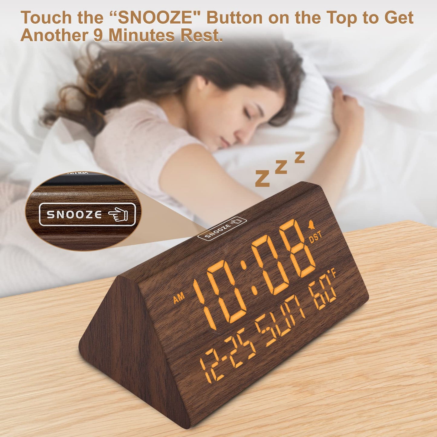 DreamSky Digital Alarm Clocks for Bedrooms - Wooden Desk Clock with Date, Day of Week, USB Port, Temperature, Dimmer for Bedside Table, Living Room, Office, Adjustable Volume, Auto DST, Wood Decor