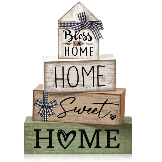 Moucuny 4 Pcs Wooden Farmhouse Tabletop Decor Rustic Home Tiered Tray Decor Decorative Highland CowEucalyptus Block Signs Gift Farmhouse Table Decoration for Kitchen Shelf(Home)