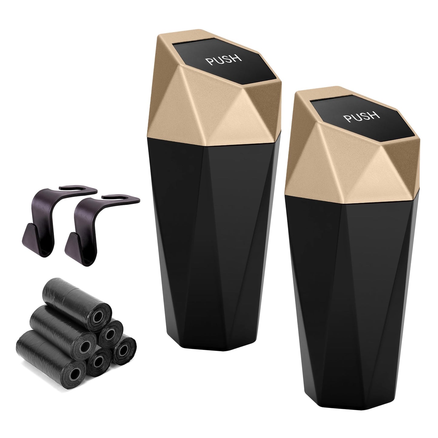 Ginsco Car Trash Can Cup Holder, 2 Pack Mini Trash Can with Lid, Car Accessories for Interior, Leakproof Small Trash Cup for Home with Additional 2 ABS Hooks and 90pcs Trash Bags Black