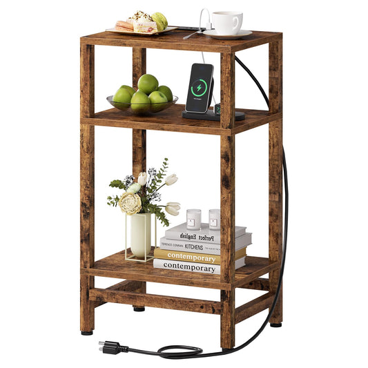 Creso hom 3 Tier Tall Nightstand with Fast Charging Station, Small Bedside Tables for Small Space, Skinny Side Table with Type C and USB Port, End Tables for Living Room, Bedroom, Office, Rustic Brown
