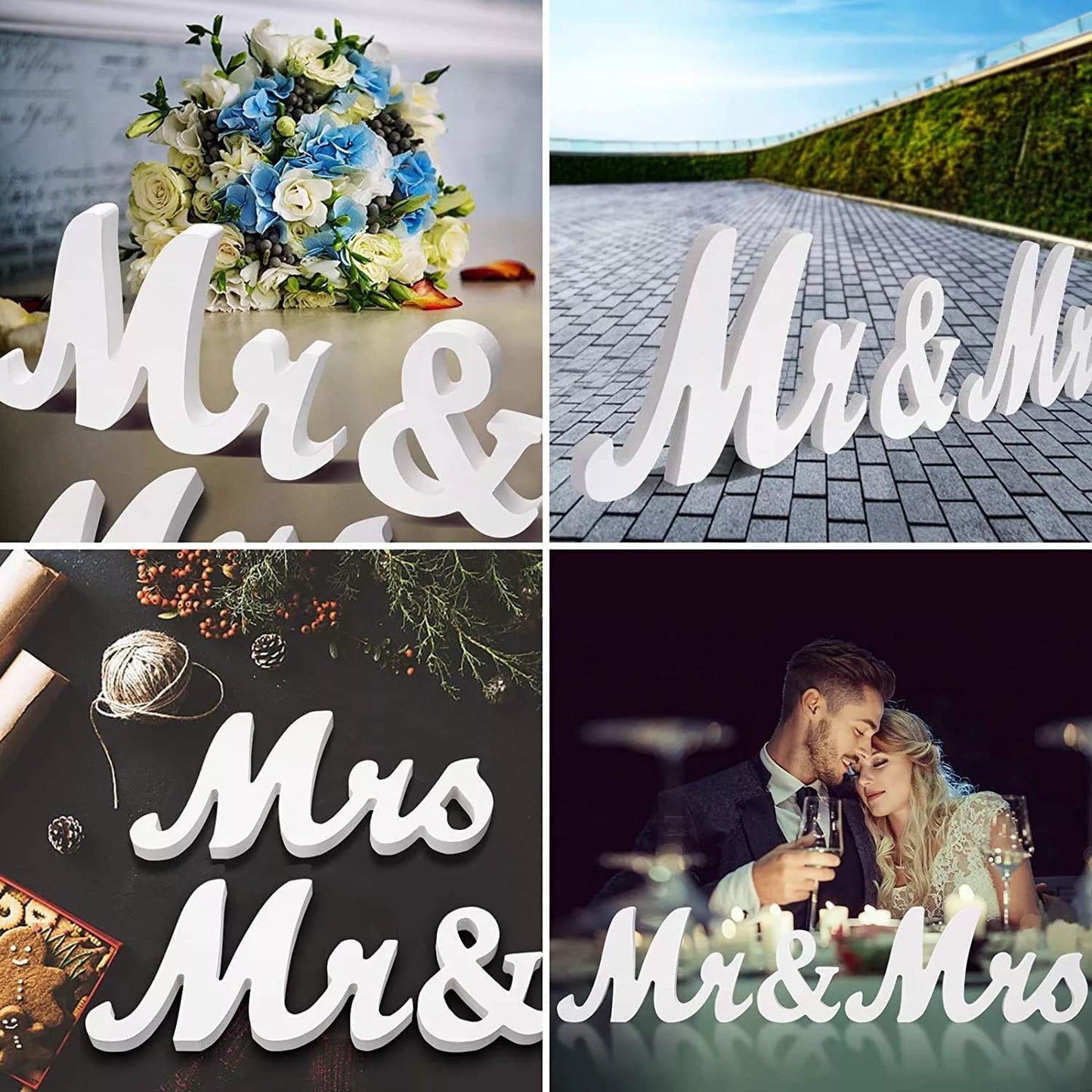 LinTimes Mr and Mrs Sign, Rustic Wooden Freestanding Mr & Mrs Letters Signs, Wedding Table, Photo Props, Party Table, Top Dinner Decorations, Just Married Anniversary Wedding Gifts, White