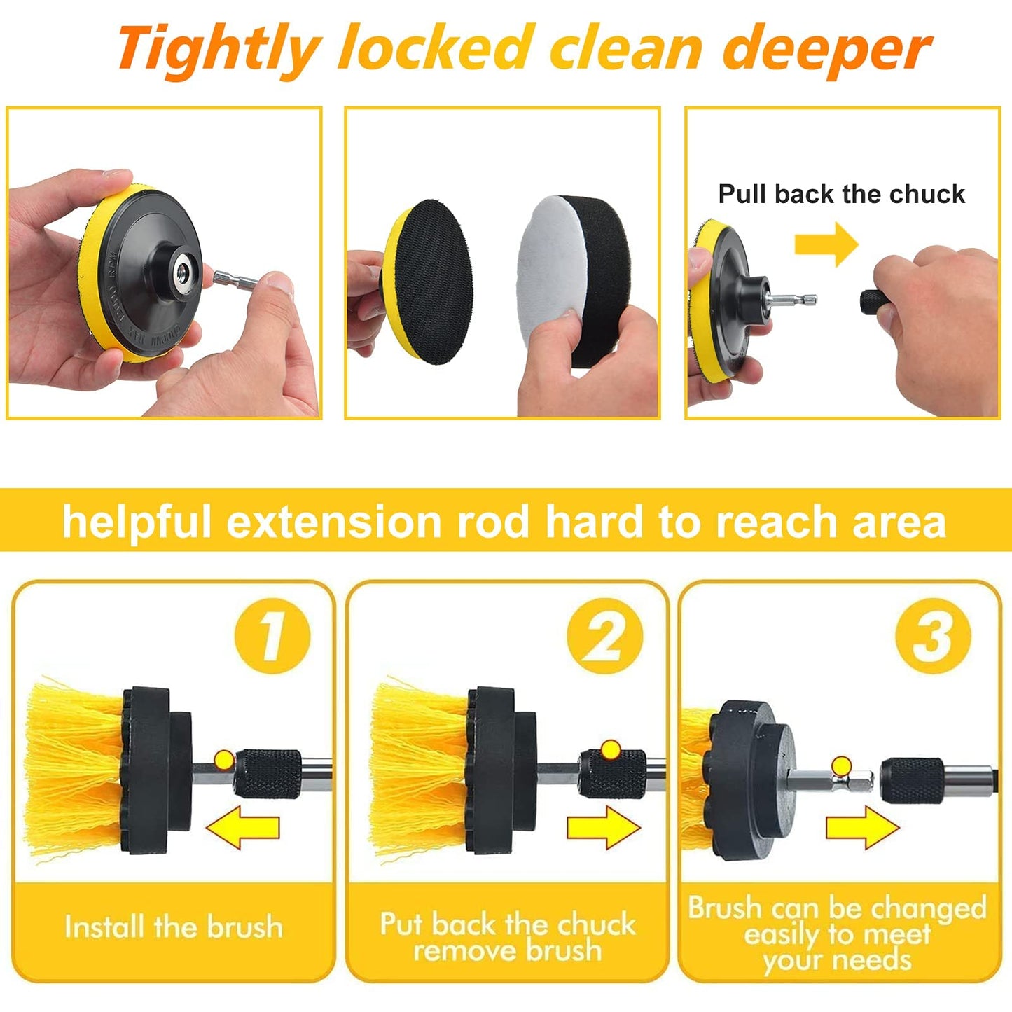 Shieldpro 45 Piece Drill Brush Attachment Set, All Purpose Power Clean Scrubber Brush, Scrub Pads & Sponge with Extend Long Attachment for Bathroom, Kitchen,Grout,Tub,Tile,Corners, Auto