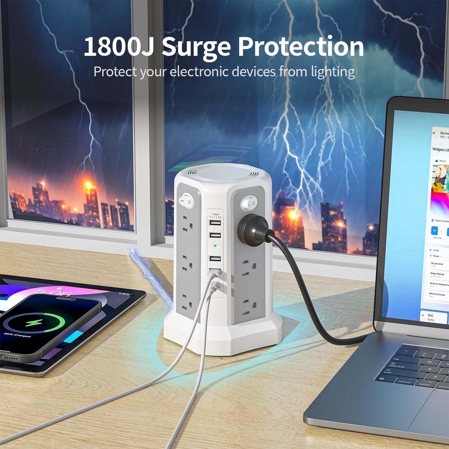 Surge Protector Power Strip Tower with USB C Port(PD18W),10FT Extension Cord with 12 AC Outlets 5 USB Charging Ports, PASSUS Power Tower Surge Protection for Home Office DormRoom